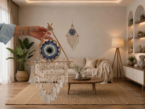 Makrome Bambu Düş Kapanı Bohem Duvar Süsü Dream Catcher El Yapımı Dekor 80x33 CM ürün görseli 1