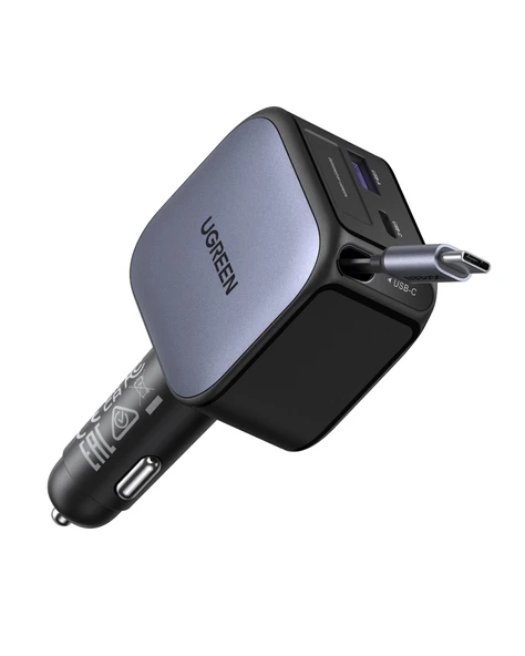 UGREEN 90W USB-C Makaralı Kablolu Hızlı Araç Çakmaklık Şarj Cihazı, 2x USB-C, 1x USB-A Port, 55909B ürün görseli 1