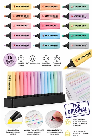 15 Renk Fosforlu Kalem Standlı 1 Paket Orjinal Stabilo Boss 15 li Pastel Renkler İşaretleme Kalemi Pürüzsüz Yazım Kalite ürün görseli 1