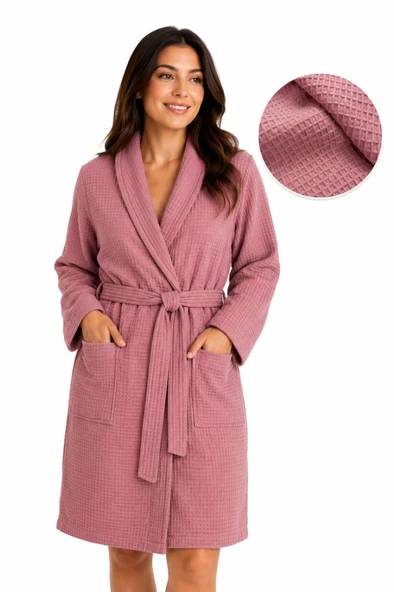 Rose Waffle Premium Bornoz – Yumuşak Havlu İç Yüzeyli, Şal Yakalı, Cepli Kadın Bornozu Standart ürün görseli 1
