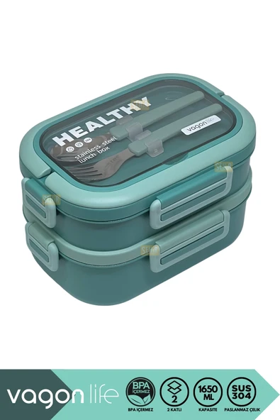 Vagonlife Bento 1650ml Lunchbox Yeni Koleksiyon 2 Katlı 3 Bölmeli Paslanmaz Çelik Sefer Tası Yemek Kutusu Yeşil ürün görseli 1