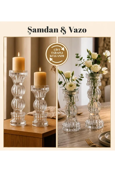 E Züccaciye Çift Taraflı Kullanılan 2'li Vazo & Şamdan Lüx Dekoratif- El Yapımı Cam (18 x 9 cm - 23 x 9 cm) Şeffaf 23 x 18 ürün görseli 1