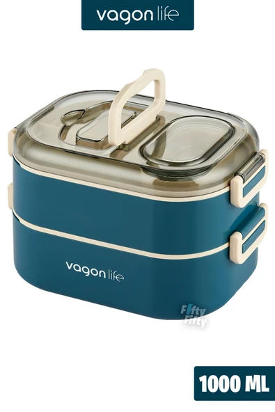 Vagonlife 1000 ML İki Kat Üç Bölme Paslanmaz Çelik Bento Lunch Box Yeni Nesil Sefer Tası-Sos Kaseli Lacivert ürün görseli 1