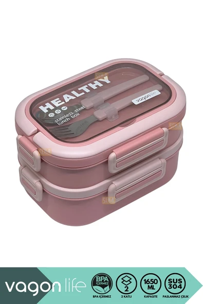 Vagonlife Bento 1650ml Lunchbox Yeni Koleksiyon 2 Katlı 3 Bölmeli Paslanmaz Çelik Sefer Tası Yemek Kutusu Pembe ürün görseli 1