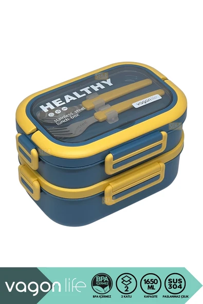 Vagonlife Bento 1650ml Lunchbox Yeni Koleksiyon 2 Katlı 3 Bölmeli Paslanmaz Çelik Sefer Tası Yemek Kutusu Lacivert ürün görseli 1