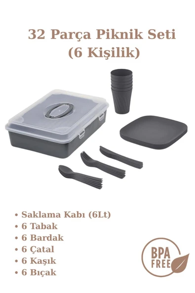 DEMPA Piknik Seti 32 Parça 6 Kişilik Bardak Çatal Kaşık Tabak 1500 Mürdüm Ve Antri ANTRASİT ürün görseli 1