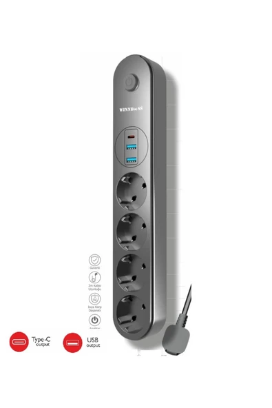 WINNBOSS Termal Akım Korumalı Usb Ve Type C 2.1a Şarj Çıkışlı 10a 2500w 4'lü Uzatma Grup Priz Siyah 3402 siyah ürün görseli 1