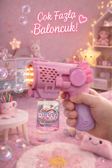 E Züccaciye Işıklı Otomatik Sürekli Köpük Çıkaran Baloncuk Tabancası 6 Delikli Bubble Gun 14cm -5 Farklı Seçenek Pembe ürün görseli 1