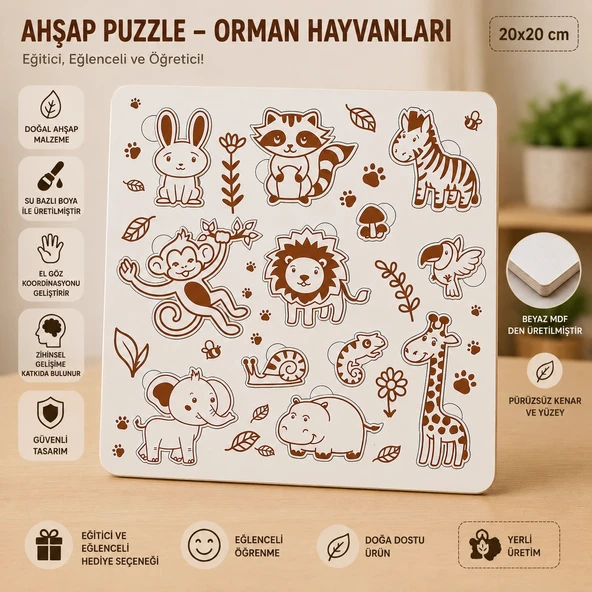 Orman Hayvanları Ahşap Puzzle – 20x20 cm Beyaz MDF Eğitici Çocuk Yapbozu ürün görseli 1