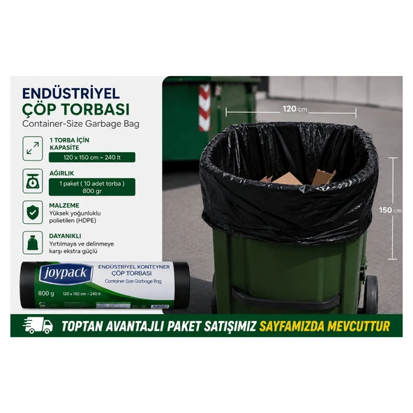 Joypack 120x150 cm 240 Litre Endüstriyel Konteyner Çöp Torbası 10 Adet 800 Gr Ağır Hizmet Çöp Poşeti ürün görseli 1