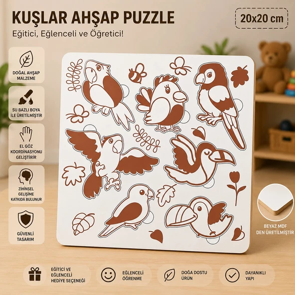 Sevimli Kuşlar Eğitici Ahşap Puzzle – 20x20 cm Beyaz MDF Çocuk Gelişim Oyuncakları ürün görseli 1