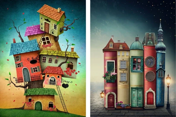 Nova Puzzle 2x1000 Parçalık Fantastik Evler ve Kitap Sokağı Puzzle Seti ürün görseli 1