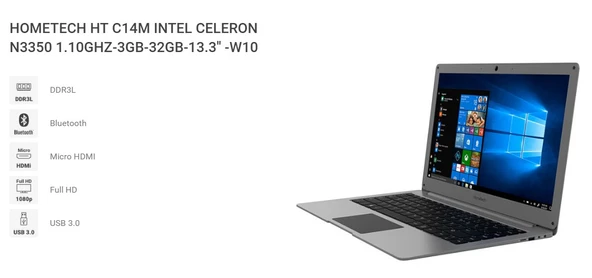 HOMETECH HT C14M INTEL CELERON N3350 1.10GHZ-3GB-32GB-13.3'' -W10  ( OUTLET ) ürün görseli 1