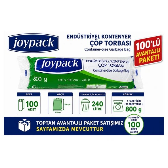 Joypack 100 Adet 10'Lu Avantaj Paket 120x150 cm Endüstriyel Konteyner Çöp Torbası 800 Gr Ağır Hizmet Çöp Poşeti ürün görseli 1