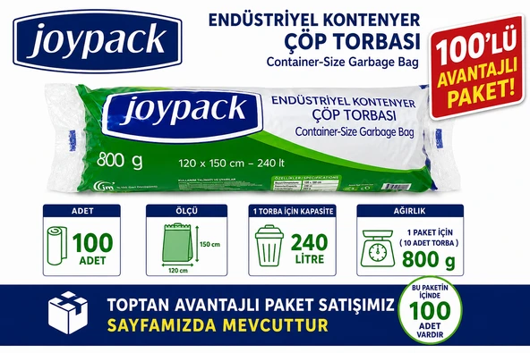 Joypack 100 Adet 10'Lu Avantaj Paket 120x150 cm Endüstriyel Konteyner Çöp Torbası 800 Gr Ağır Hizmet Çöp Poşeti ürün görseli 1