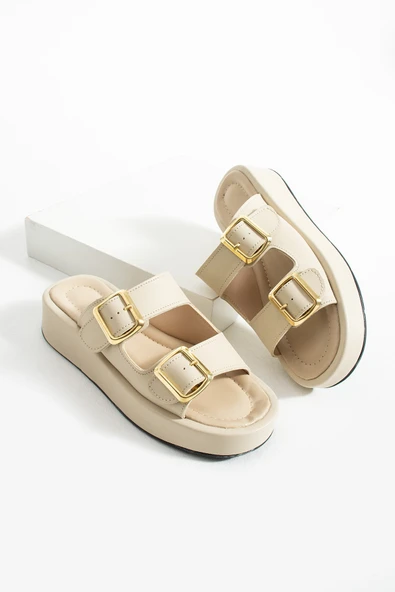 Calie Kadın Anatomik Comfort İki Bantlı Gold Detay Tokalı Esnek Yazlık Günlük Flat Sandalet Terlik ürün görseli 1
