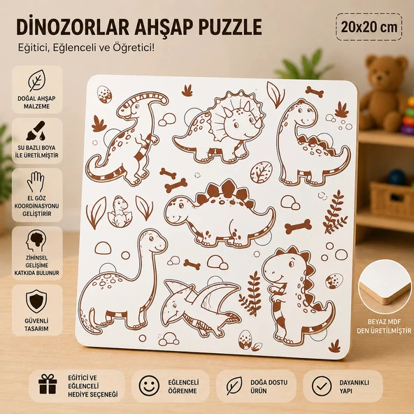 Dinozorlar Dünyası Eğitici Ahşap Puzzle – 20x20 cm Okul Öncesi Zeka Geliştirici Oyuncak ürün görseli 1