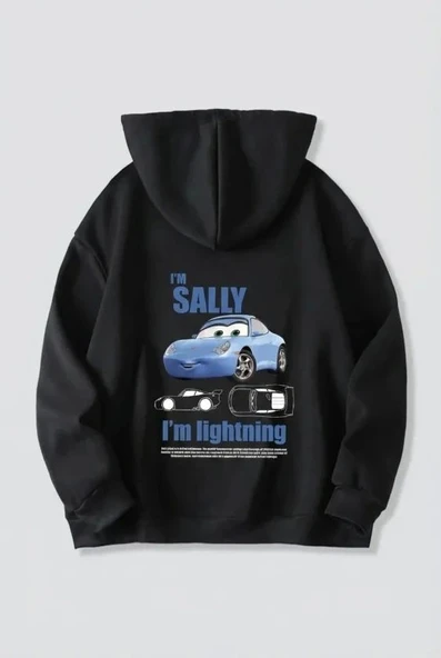 Sevgililer Günü Araba Temalı Baskılı Oversize Kapüşonlu Sweatshirt Hoodie - Siyah ürün görseli 1