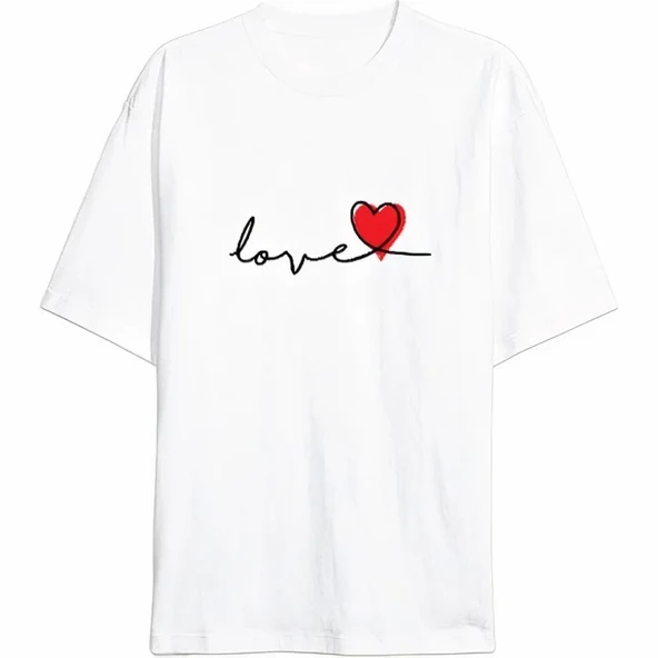 14 Şubat Tişört Sevgililer Günü İçin Özel Tasarım Love Baskılı T-shirt - Beyaz ürün görseli 1
