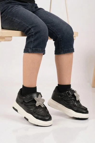 Cool Siyah Cırtlı Hafif Kız Çocuk Spor Ayakkabı Yıldız P ürün görseli 1