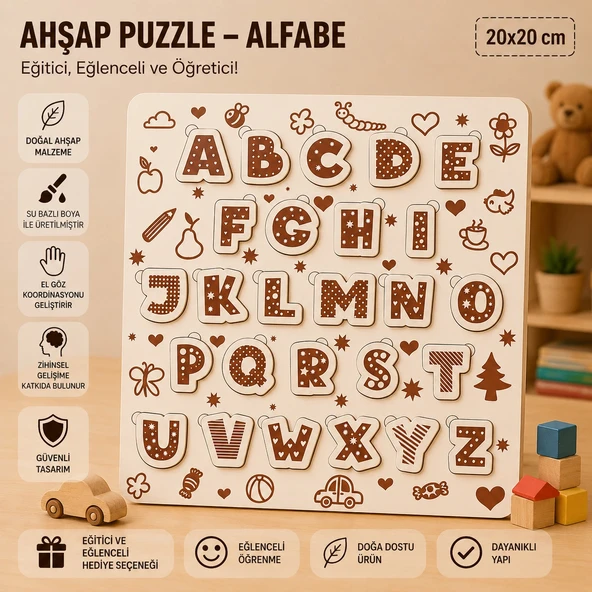 Ahşap Puzzle - Alfabe: Eğitici ve Öğretici Okul Öncesi Harf Öğrenme Seti (20x20 cm) ürün görseli 1