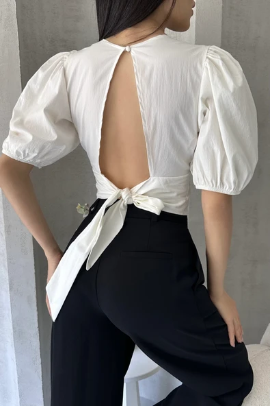 Karpuz Kol Sırt Dekolteli Poplin Bluz - Resim 3