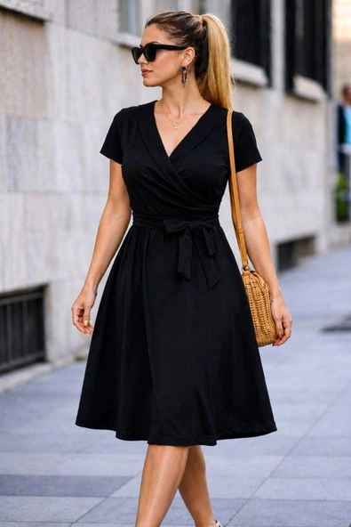 Kadın Kısa Kollu Yakalı Beli Kuşaklı Kısa Janjan Krep Kısa Elbise ürün görseli 1