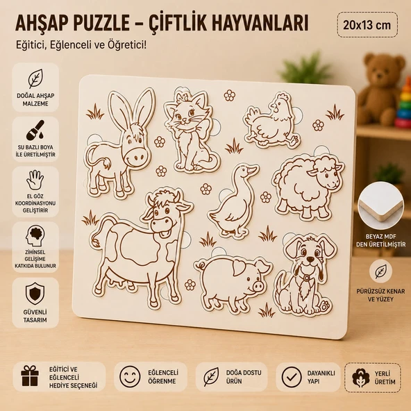 Ahşap Puzzle - Çiftlik Hayvanları: Eğitici ve Öğretici Okul Öncesi Zeka Oyunu (20x13 cm) ürün görseli 1