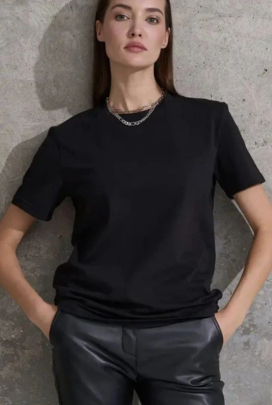 Unisex Kısa Kollu Bisiklet Yaka Basic Viskon Bluz - Resim 2
