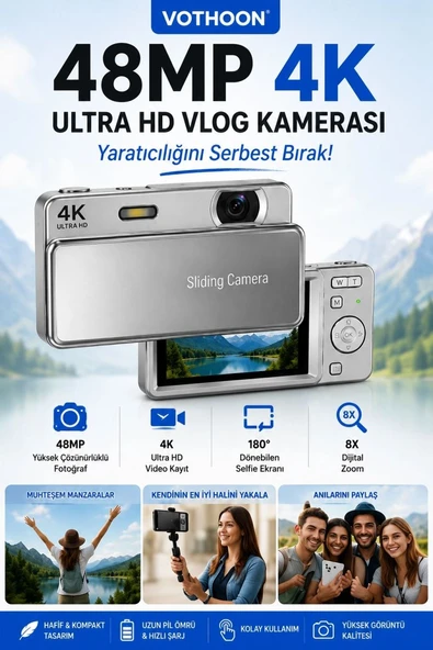Dijital Kamera 4k Hd 48mp 16x Zoom Flaşlı Kayar Retro Video Kamera 2.8’’ Ekran 64gb Sd Kart Hediyeli Gümüş ürün görseli 1