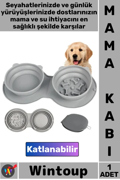 #MamaKabı Silikon Portatif Seyahat Tipi Kedi Köpek Gri Yavaş Yeme Katlanabilir İkili Mama Su Kabı ürün görseli 1