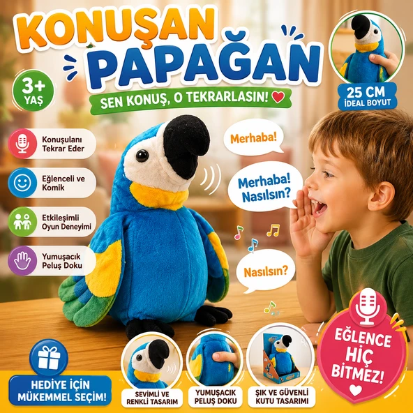Konuşulanı Tekrarlayan Eğlenceli İnteraktif Oyuncak Papağan Peluş 25 CM ürün görseli 1