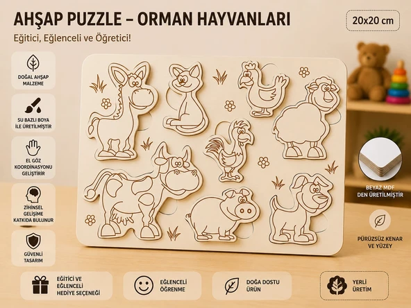 Ahşap Puzzle - Orman ve Çiftlik Dostları: Eğitici Zeka Oyunu (20x20 cm) ürün görseli 1