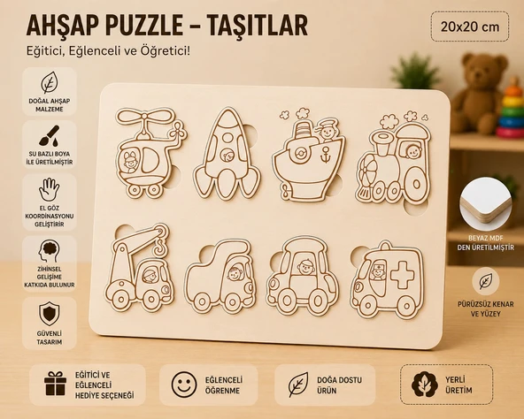 Ahşap Puzzle - Taşıtlar: Eğitici ve Öğretici Okul Öncesi Zeka Oyunu (30x20 cm) ürün görseli 1