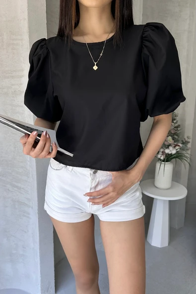 Karpuz Kol Sırtı Fiyonk Detaylı Poplin Bluz ürün görseli 1