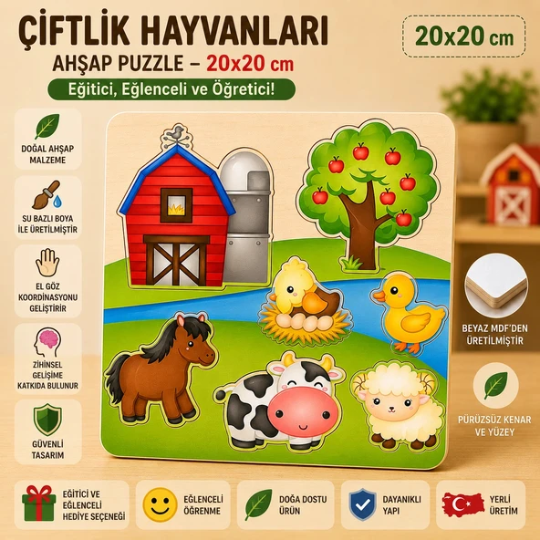 Çiftlik Hayvanları Ahşap Puzzle - Eğitici ve Öğretici Okul Öncesi Zeka Oyunu (20x20 cm) ürün görseli 1