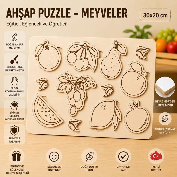 Ahşap Puzzle - Meyveler: Eğitici ve Öğretici Okul Öncesi Zeka Oyunu (30x20 cm) ürün görseli 1