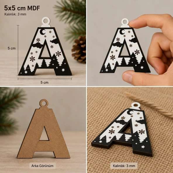 A Harf Yılbaşı Süsü – MDF Çam Ağacı Desenli Asılabilir Dekor (5x5 cm) ürün görseli 1