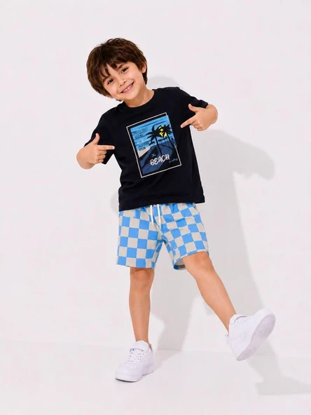Cg Kids Palmiye Baskılı Siyah T-Shirt ve Damalı Şortlu Erkek Çocuk Alt Üst Takım - Pamuklu Yazlık Çocuk Kombini ürün görseli 1
