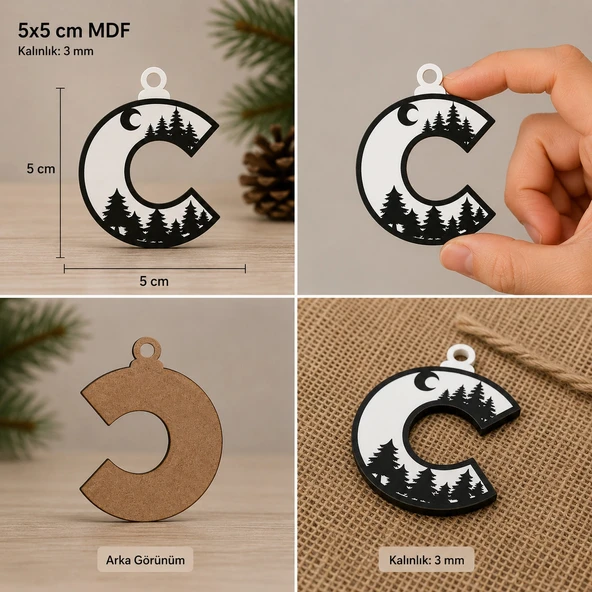 C Harf Yılbaşı Süsü – MDF Çam Ağacı Desenli Asılabilir Dekor (5x5 cm) ürün görseli 1