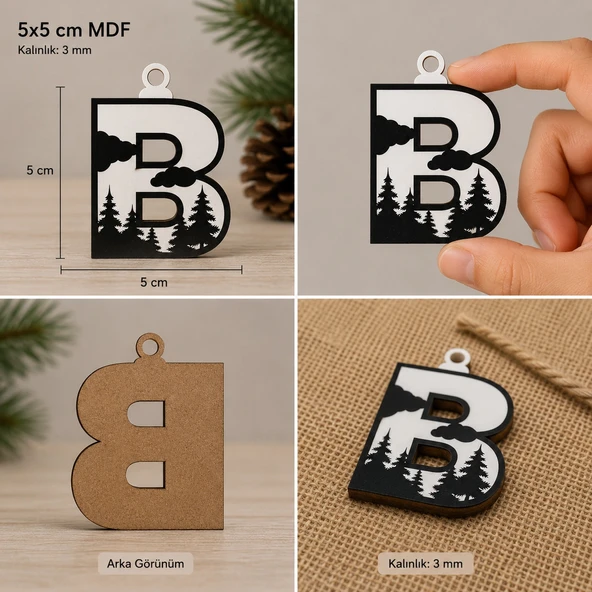 B Harf Yılbaşı Süsü – MDF Çam Ağacı Desenli Asılabilir Dekor (5x5 cm) ürün görseli 1