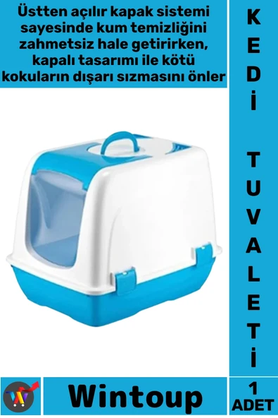 #KediTuvaleti Üstten Açılır Koku Önleyici Pratik Şeffaf Kapılı Yavru Küçük Kapalı Kedi Tuvaleti Mavi ürün görseli 1