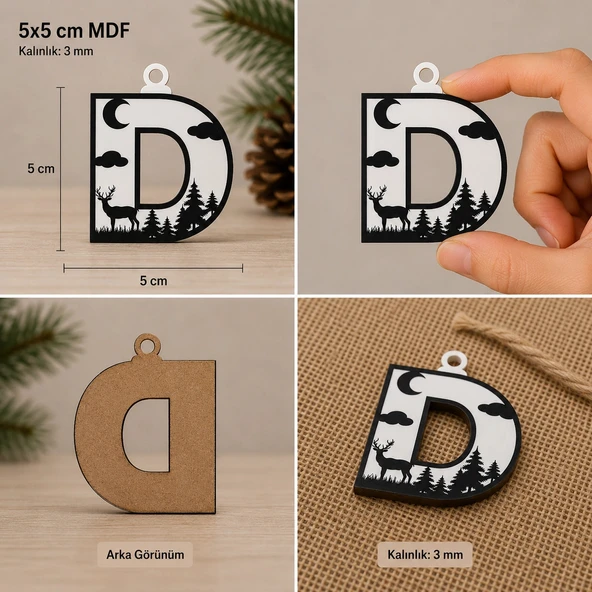 D Harf Yılbaşı Süsü – MDF Çam Ağacı Desenli Asılabilir Dekor (5x5 cm) ürün görseli 1