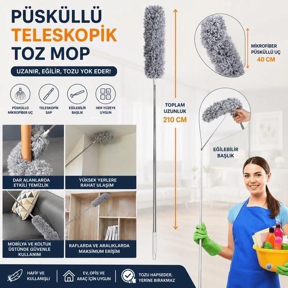 Mikrofiber Püsküllü Manyetik Anti-Statik Toz Alma Mopu 210 cm Teleskopik Uzayabilen Saplı Bükülebilir Başlıklı 40 cm Püskül Gri ürün görseli 1