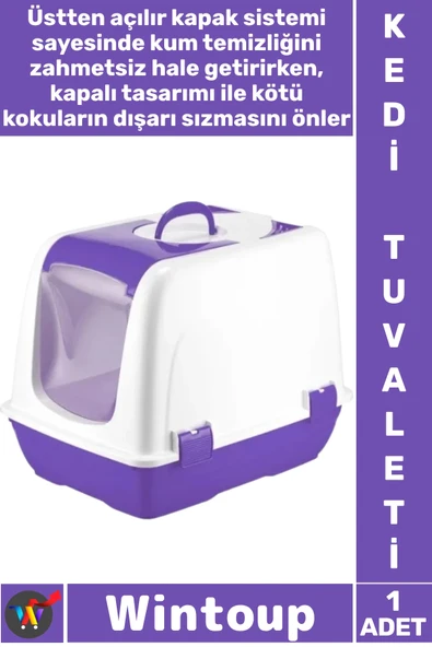 #KediTuvaleti Üstten Açılır Koku Önleyici Pratik Şeffaf Kapılı Yavru Küçük Kapalı Kedi Tuvaleti Mor ürün görseli 1