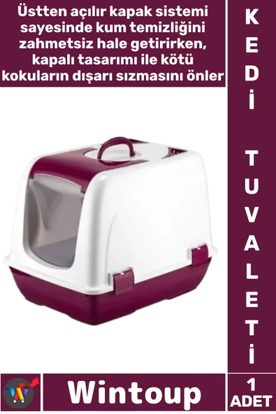 #KediTuvaleti Üstten Açılır Koku Önleyen Pratik Şeffaf Kapılı Yavru Küçük Kapalı Kedi Tuvaleti Bordo ürün görseli 1