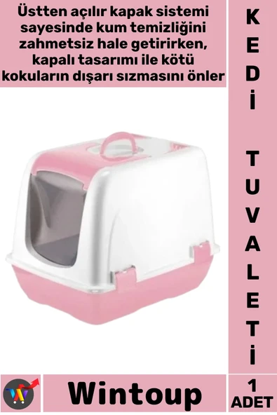 #KediTuvaleti Üstten Açılır Koku Önleyen Pratik Şeffaf Kapılı Yavru Küçük Kapalı Kedi Tuvaleti Pembe ürün görseli 1