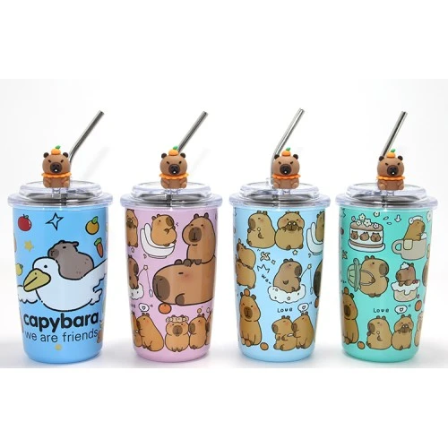 Capybara Figürlü Isı Muhafazalı Metal Pipetli Paslanmaz Çelik Kupa ürün görseli 1