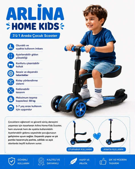 Combo Oturaklı 3 Tekerlekli Katlanabilir Led Işıklı Scooter Mavi ürün görseli 1
