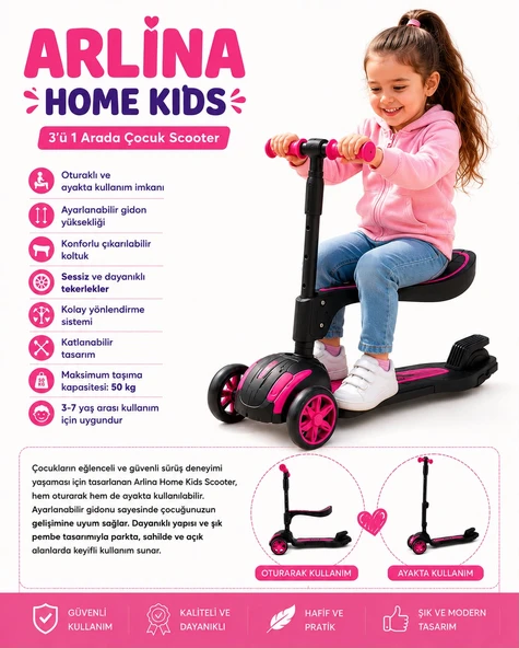 Combo Oturaklı 3 Tekerlekli Katlanabilir Led Işıklı Scooter Pembe ürün görseli 1